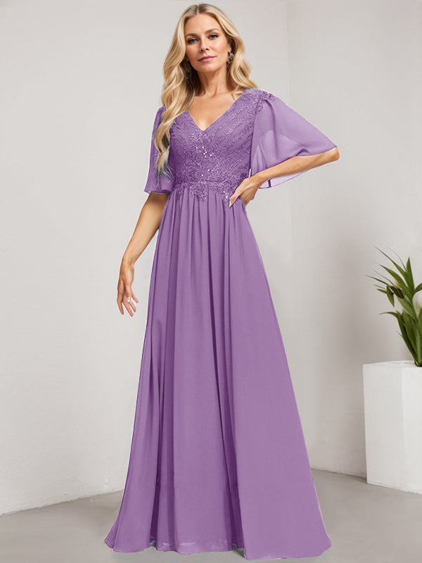 Vestido de gasa con encaje y lentejuelas para madre de la novia, corte A, escote en V y largo hasta el suelo 