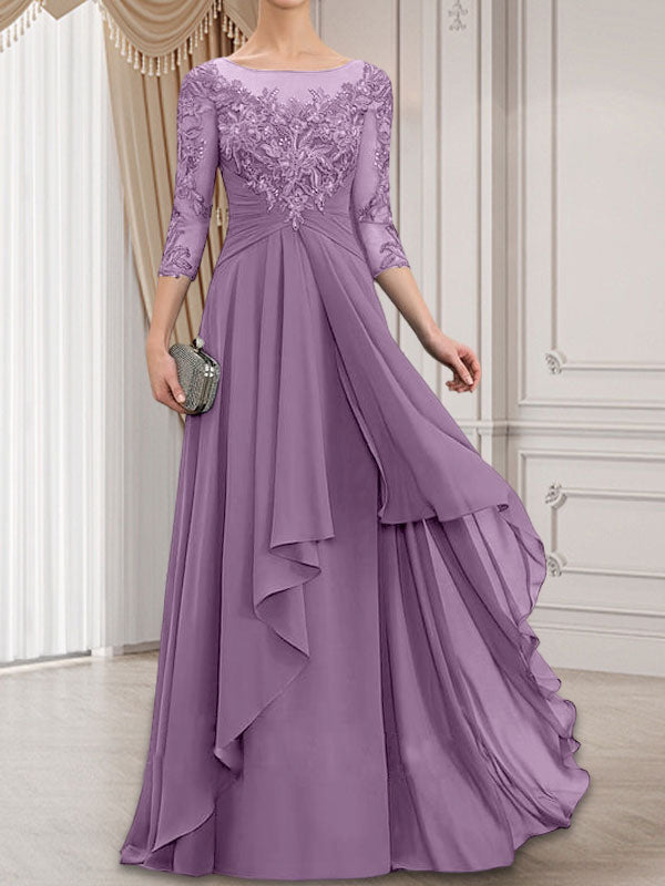 A-Linien-Kleid mit U-Boot-Ausschnitt, Illusion-Effekt, bodenlang, aus Chiffon und Spitze, mit Kaskadenrüschen – perfekt für die Mutter der Braut