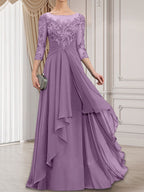 A-Linien-Kleid mit U-Boot-Ausschnitt, Illusion-Effekt, bodenlang, aus Chiffon und Spitze, mit Kaskadenrüschen – perfekt für die Mutter der Braut