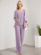 Zweiteiliger Jumpsuit/Hosenanzug, bodenlanges Chiffon-Kleid mit Spitze und Pailletten für die Mutter der Braut