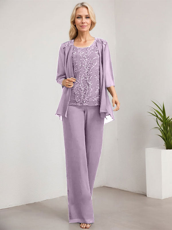 Vestido de madre de la novia de gasa con encaje y lentejuelas, con escote redondo y largo hasta el suelo, con mono/pantalón separado