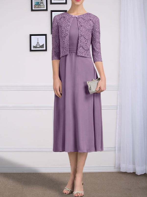 Vestido de gasa para madre de la novia, corte A, escote redondo, largo hasta la rodilla, con pliegues