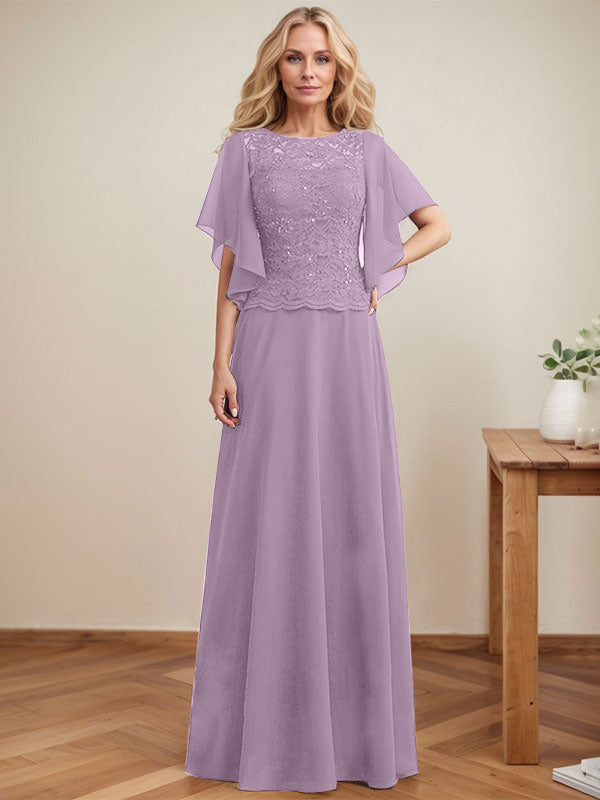 A-Linien-Kleid mit Rundhalsausschnitt, Illusion-Effekt, bodenlang, aus Chiffon und Spitze mit Pailletten – das perfekte Brautmutterkleid 