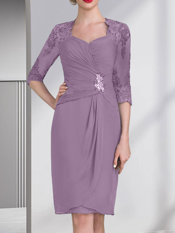 Etuikleid/Säulenkleid mit Herzausschnitt, knielang, aus Chiffon für die Mutter der Braut mit Perlenapplikationen, Spitze, Pailletten und Falten
