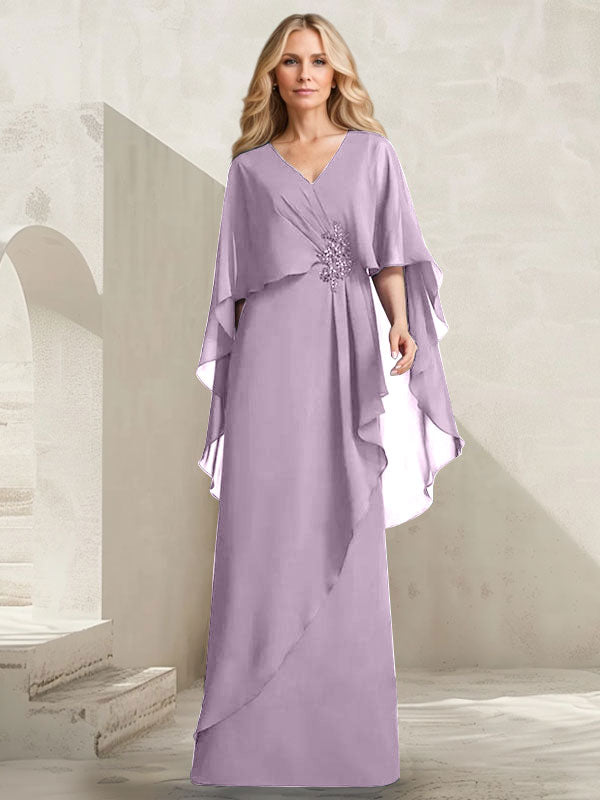 A-Linien-Kleid aus Chiffon mit V-Ausschnitt, bodenlang, mit Kaskadenrüschen und Perlenstickerei für die Mutter der Braut. 