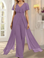 Jumpsuit/Hosenanzug, bodenlanges Chiffon-Abendkleid mit V-Ausschnitt
