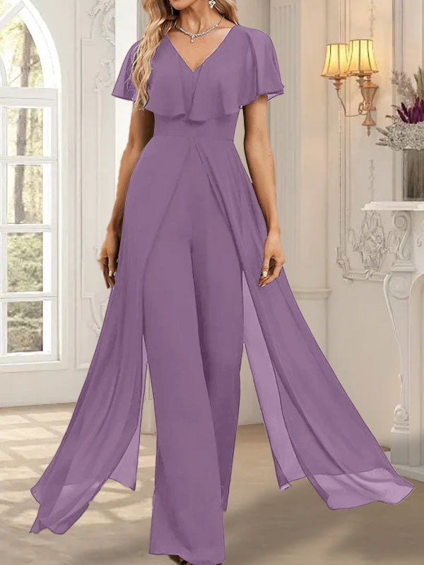 Vestido de noche de gasa con escote en V y largo hasta el suelo, tipo mono/pantalón