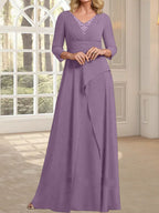 A-Linien-Kleid aus Chiffon mit V-Ausschnitt, bodenlang, für die Mutter der Braut, mit plissierter Perlenstickerei