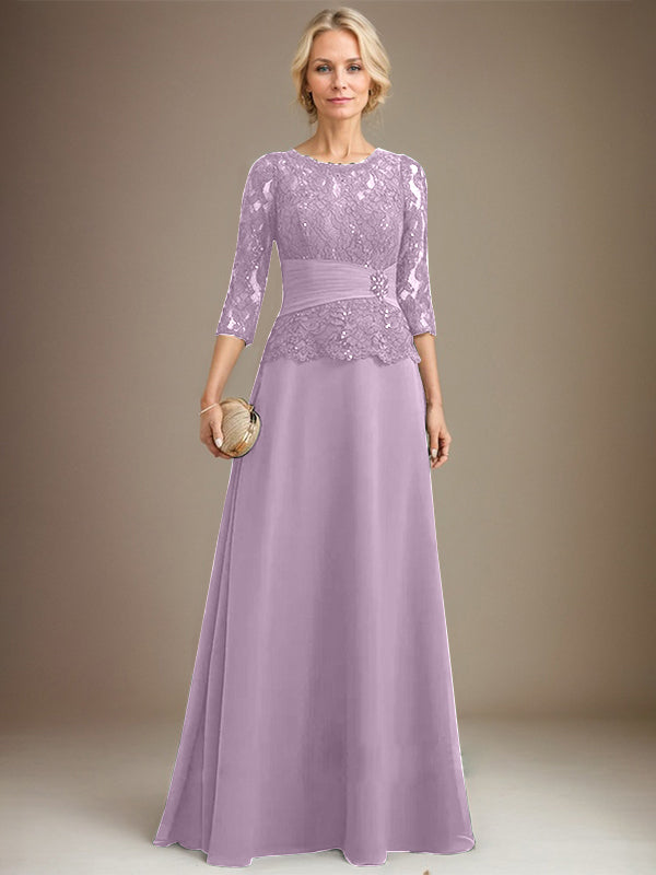 Vestido de gasa con encaje y escote en A, ilusión, largo hasta el suelo, para madre de la novia, con lentejuelas plisadas y abalorios 