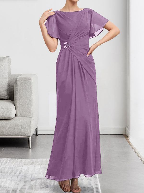 A-Linien-Chiffonkleid mit Rundhalsausschnitt, knöchellang, mit Perlenstickerei und Falten für die Mutter der Braut