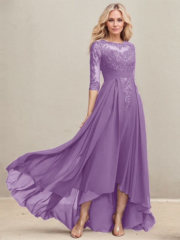 A-Linien-Kleid mit asymmetrischem Ausschnitt, Illusion-Effekt, Spitze und Chiffon, verziert mit plissierten Pailletten, ideal für die Mutter der Braut 