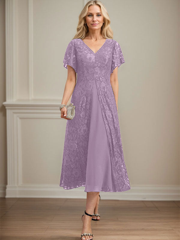 A-Linien-Kleid aus Chiffon mit V-Ausschnitt und Teelänge für die Mutter der Braut 
