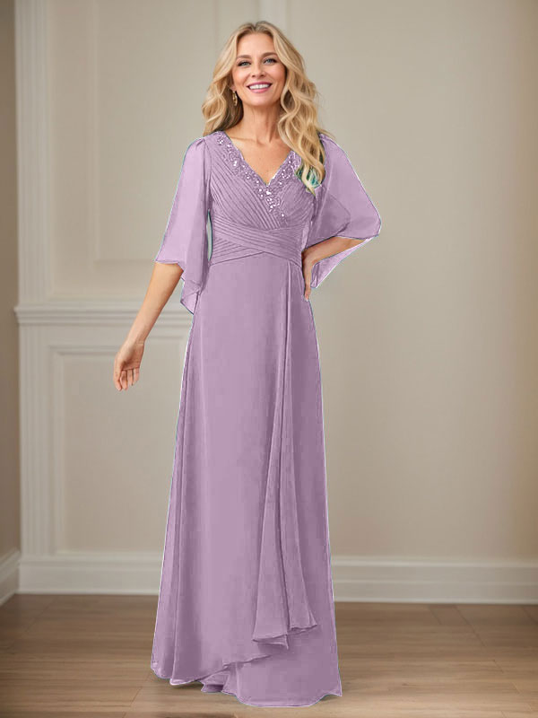 Langes Pailletten-Chiffon-Kleid in A-Linie mit V-Ausschnitt für die Mutter