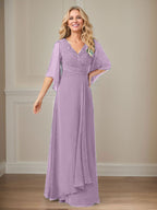 Langes Pailletten-Chiffon-Kleid in A-Linie mit V-Ausschnitt für die Mutter