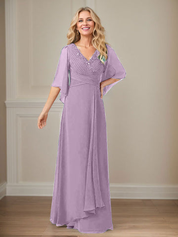A-Line V-Neck Long Sequins Chiffon Mother Dress
