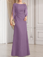 Etui-/Säulen-Chiffonkleid in Bodenlänge für die Mutter der Braut mit plissierter Perlenstickerei