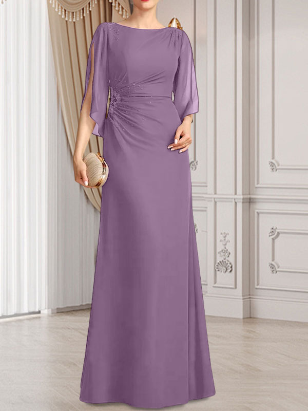 Etui-/Säulen-Chiffonkleid in Bodenlänge für die Mutter der Braut mit plissierter Perlenstickerei