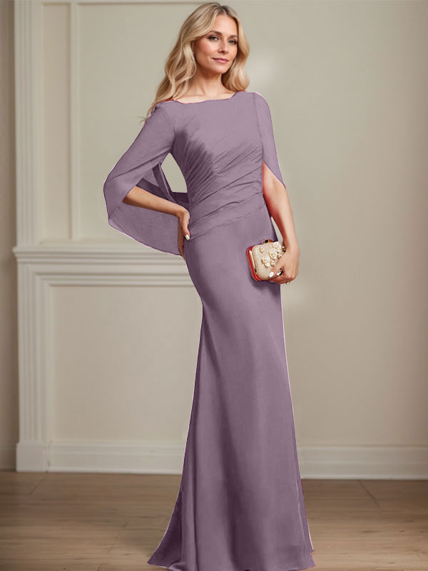 Vestido de gasa para madre de la novia con escote barco, corte trompeta/sirena, largo hasta el suelo, con pliegues 