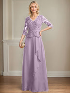 A-Linien-Kleid aus Chiffon mit V-Ausschnitt, bodenlang, mit Spitze, Kaskadenrüschen und Pailletten für die Mutter der Braut 