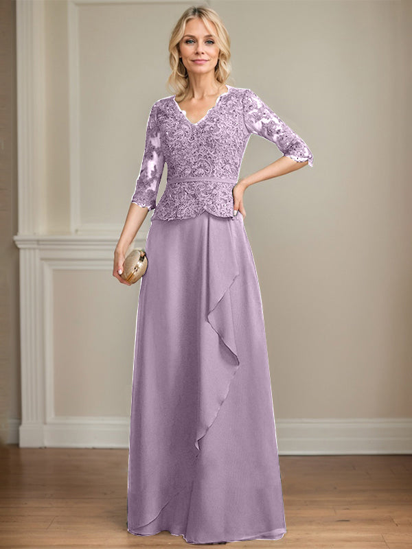 Vestido de gasa con encaje y escote en V hasta el suelo para madre de la novia con volantes en cascada y lentejuelas 
