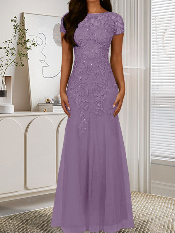 Dunkelblaues Meerjungfrauen-Tüllkleid mit Pailletten und Rundhalsausschnitt