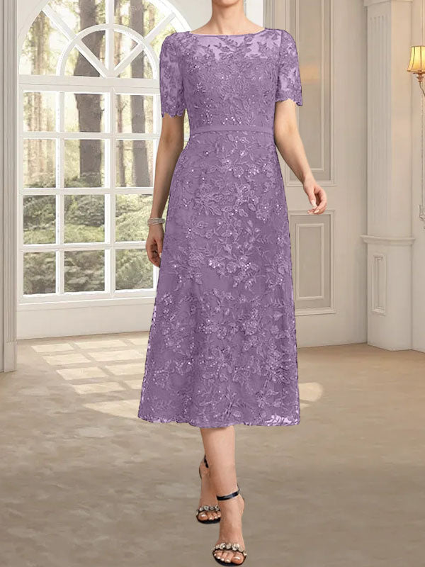 A-Linien-Kleid mit Rundhalsausschnitt, Illusion-Ausschnitt, Teelänge, Spitze und Pailletten für die Mutter der Braut