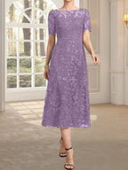 A-Linien-Kleid mit Rundhalsausschnitt, Illusion-Ausschnitt, Teelänge, Spitze und Pailletten für die Mutter der Braut