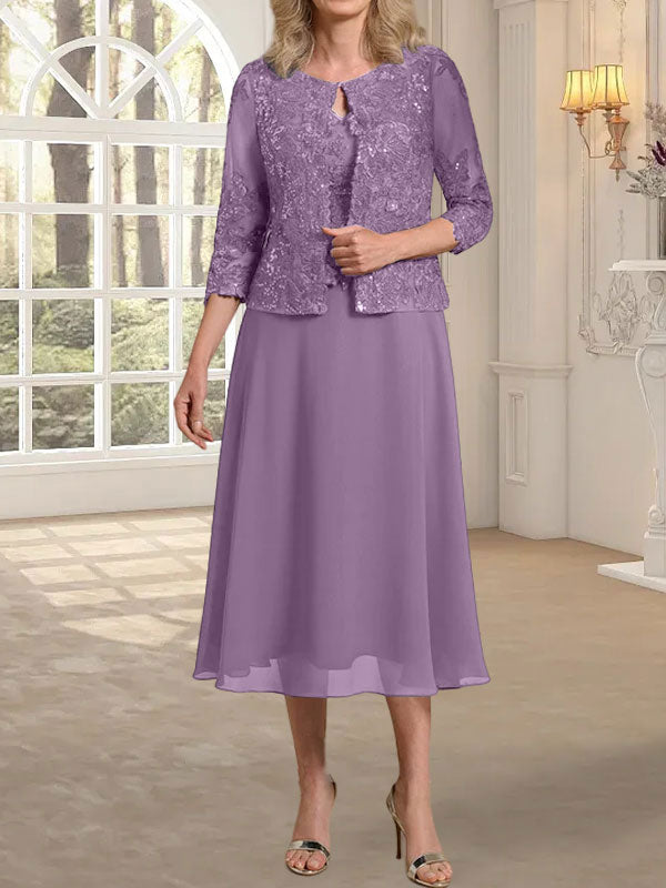 Vestido de gasa con encaje y lentejuelas para madre de la novia, corte A, escote redondo y largo hasta la rodilla 