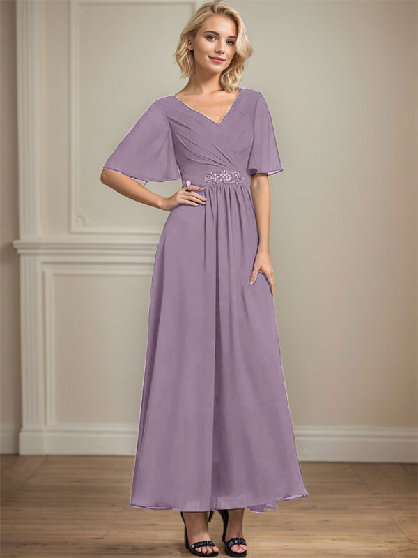 A-Linien-Chiffonkleid mit V-Ausschnitt, Knöchellänge, plissierten Pailletten und Perlenstickerei für die Mutter der Braut