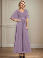 A-Linien-Chiffonkleid mit V-Ausschnitt, Knöchellänge, plissierten Pailletten und Perlenstickerei für die Mutter der Braut