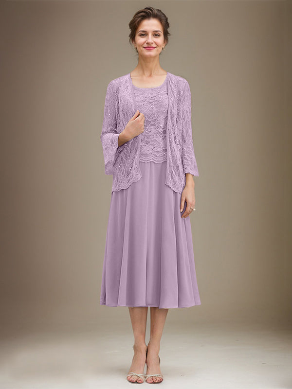 Vestido de gasa con encaje y lentejuelas para madre de la novia, corte A, escote redondo y largo hasta la rodilla 