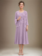 Vestido de gasa con encaje y lentejuelas para madre de la novia, corte A, escote redondo y largo hasta la rodilla 