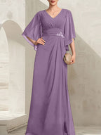 Vestido de gasa para madre de la novia, con escote en V, largo hasta el suelo, con lentejuelas plisadas y abalorios.