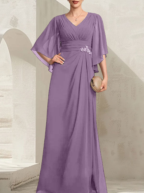 Vestido de gasa para madre de la novia, con escote en V, largo hasta el suelo, con lentejuelas plisadas y abalorios.