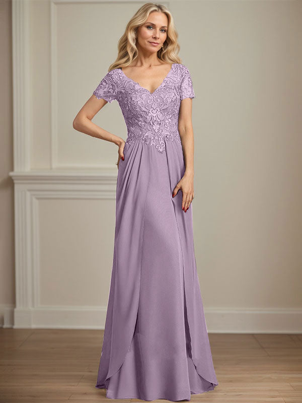 Vestido de gasa con encaje y escote en V hasta el suelo para madre de la novia