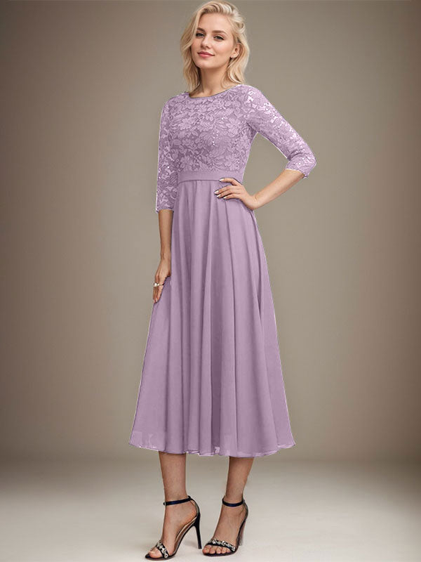 A-Linien-Kleid mit Rundhalsausschnitt, Teelänge, Spitze, Chiffon, Pailletten, für die Mutter der Braut