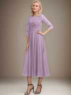 A-Linien-Kleid mit Rundhalsausschnitt, Teelänge, Spitze, Chiffon, Pailletten, für die Mutter der Braut