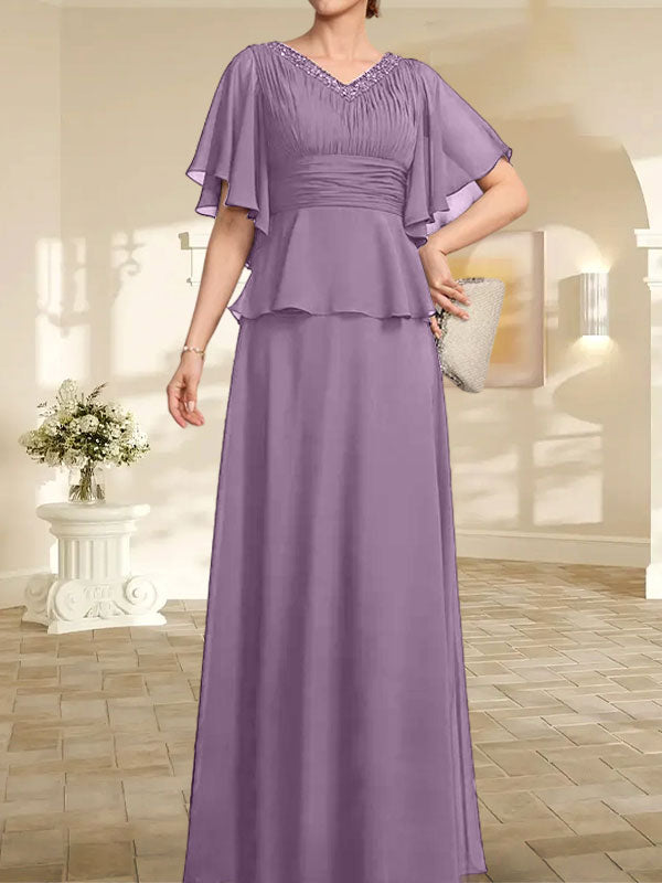 Vestido de gasa para madre de la novia, corte A, escote en V, largo hasta el suelo, con cuentas plisadas
