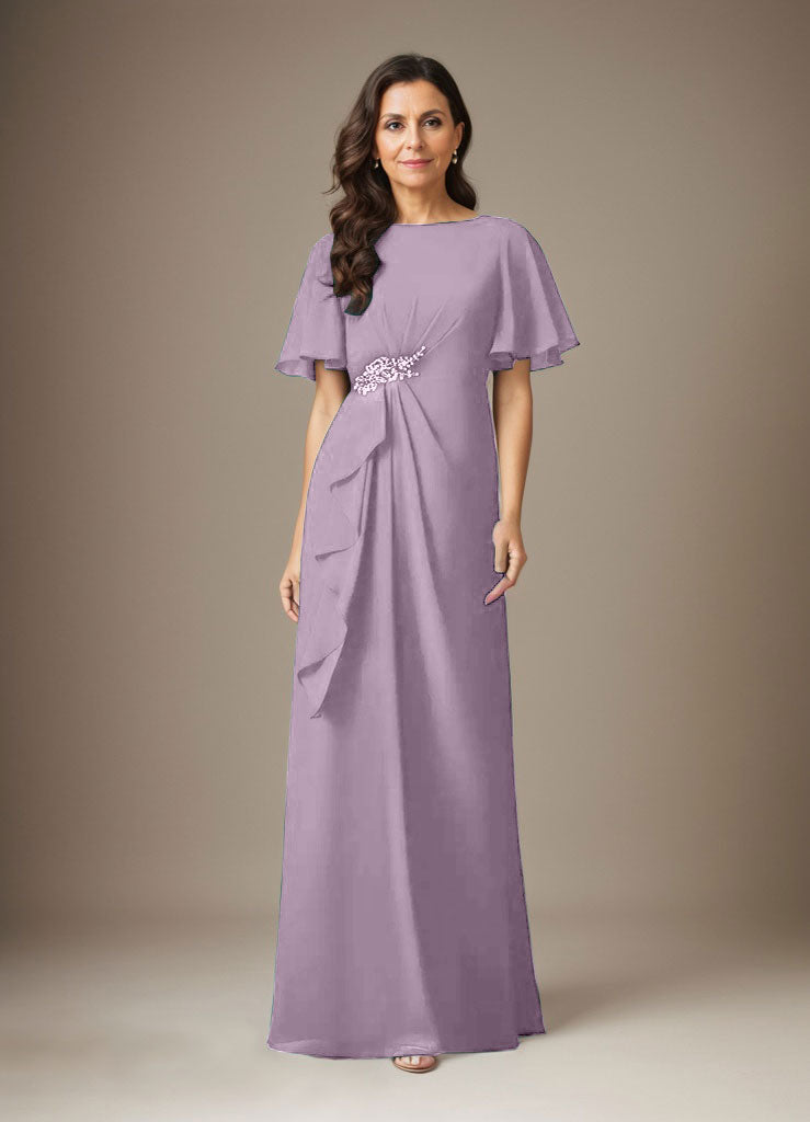 Dunkelblaues Etuikleid aus Chiffon mit Perlenbesatz