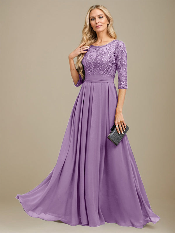 Vestido de gasa con encaje y apliques de lentejuelas para madre de la novia, corte A, largo hasta el suelo 