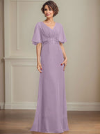 A-Linien-Kleid aus Chiffon mit V-Ausschnitt, bodenlang, für die Mutter der Braut, mit plissierten Paillettenapplikationen und Spitze