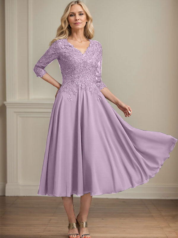 Vestido de gasa con encaje y escote en V, largo hasta la rodilla, para madre de la novia, con lentejuelas y abalorios 