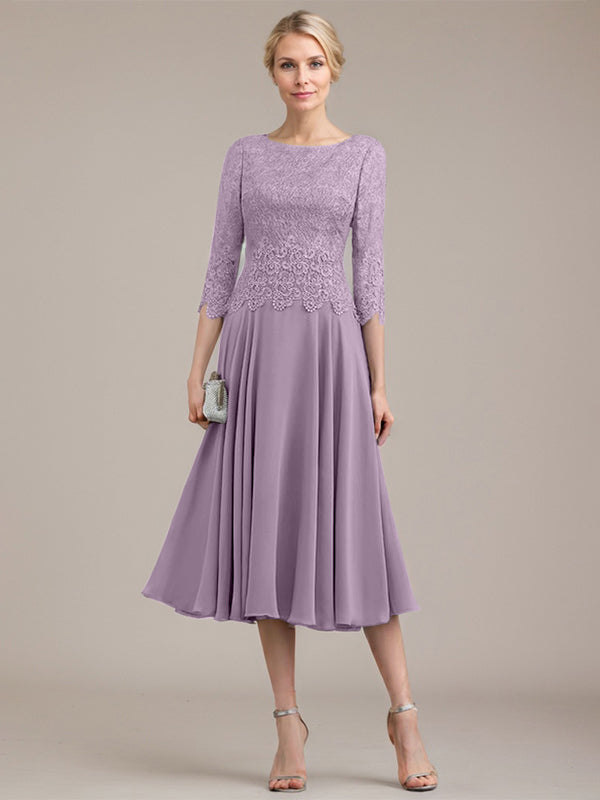 A-Linien-Kleid aus Chiffon mit Rundhalsausschnitt und Teelänge für die Mutter der Braut 