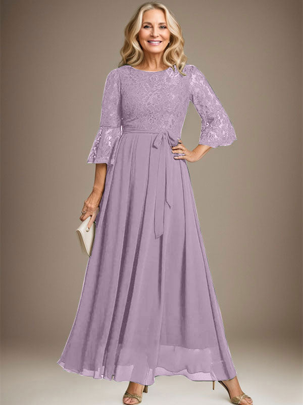 A-Linien-Kleid aus Chiffon mit Rundhalsausschnitt und Schleife, knöchellang, für die Mutter der Braut