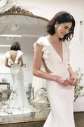 Vestidos de novia de sirena con espalda descubierta, mangas cortas, escote en V y volantes