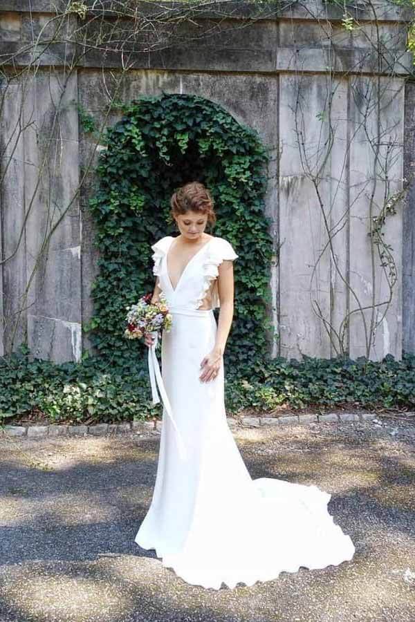 Mermaid Backless Cap Sleeves V-neck Wedding Dresses with Ruffles
