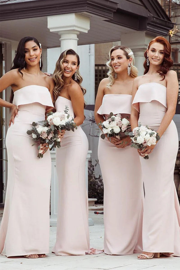 Meerjungfrauen-Brautjungfernkleid, bodenlang, trägerlos, rosa