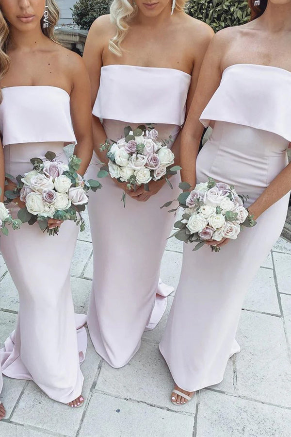 Meerjungfrauen-Brautjungfernkleid, bodenlang, trägerlos, rosa