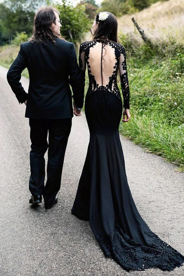 Meerjungfrauen-Hochzeitskleid mit Blumenmuster, schwarz, langärmelig