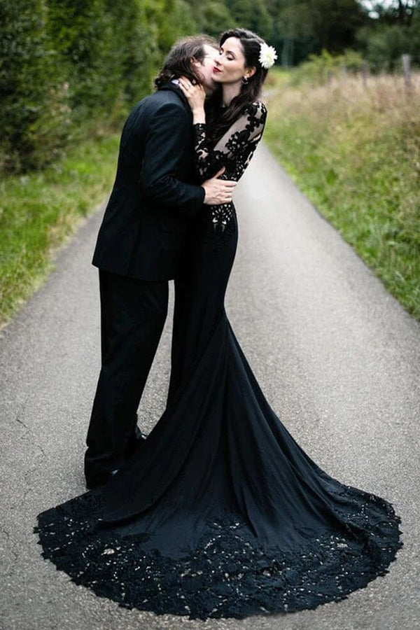 Meerjungfrauen-Hochzeitskleid mit Blumenmuster, schwarz, langärmelig